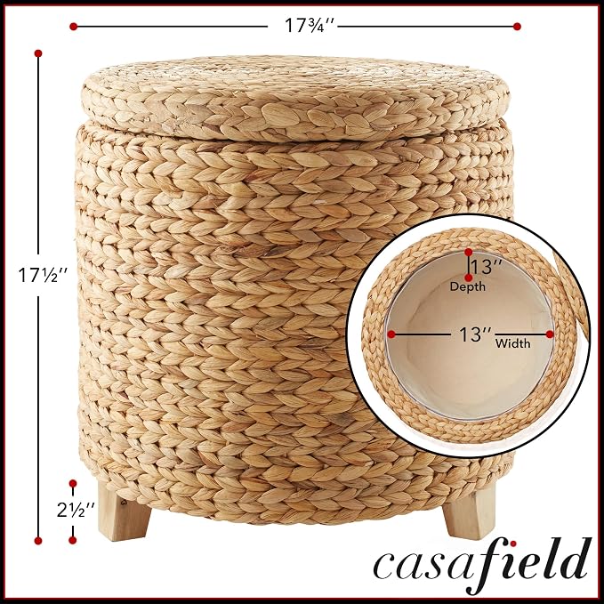 17-Inch Round Water Hyacinth Storage Ottoman with Lid